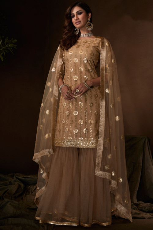 Brown Net Embroidered Sharara Suit