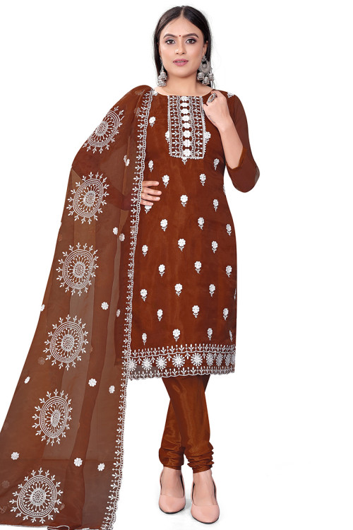 Brown Organza Embroidered Churidar Suit