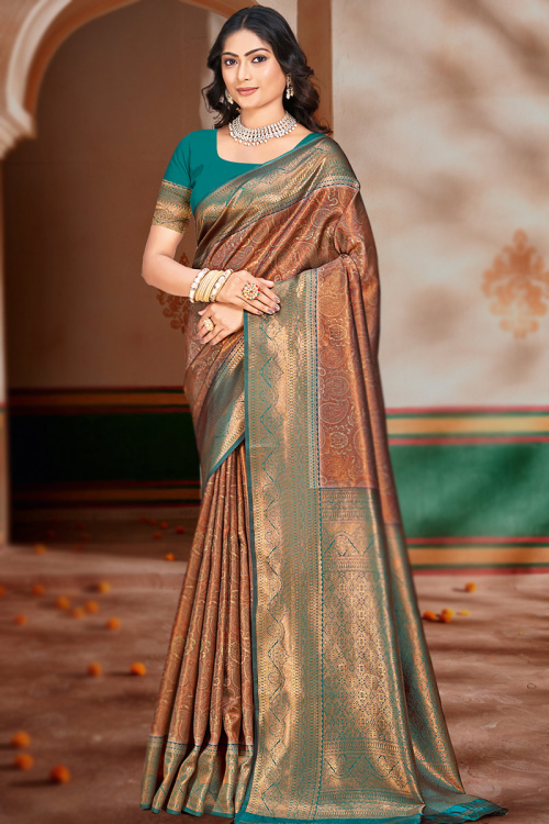 Brown Paisley Print Silk Broad Border Saree For Sangeet 