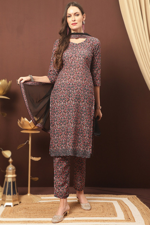 Brown Printed Cotton Silk Casual Wear Trouser Suit 