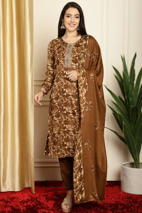 Brown Printed Pashmina Straight Cut Trouser Suit 