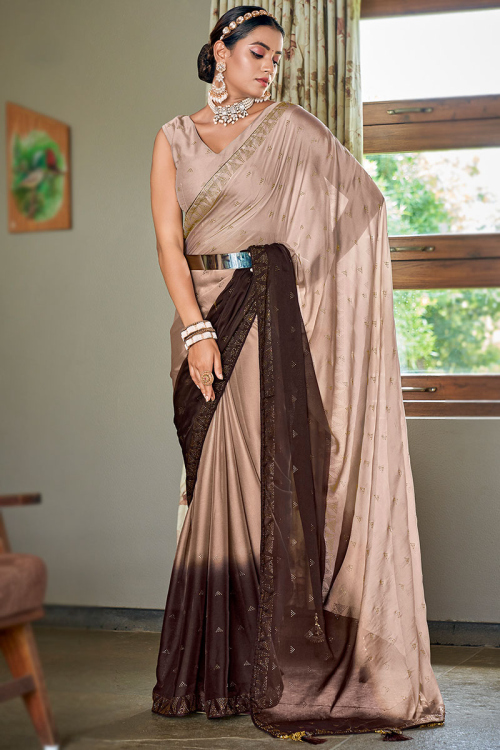Brown Rangoli Printed Ombre Saree