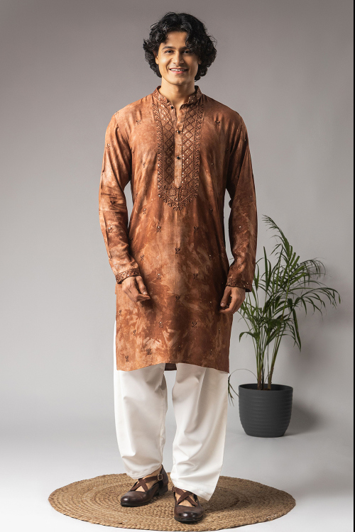 Brown Rayon Men's Kurta Pajama With Printed Work