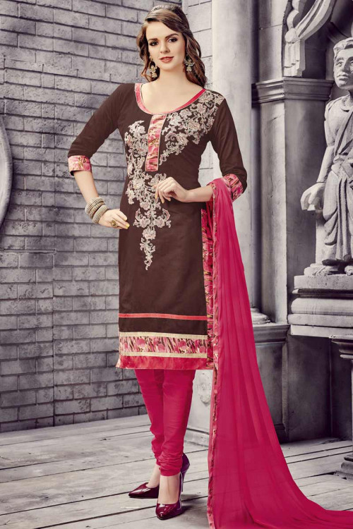 Brown Cotton Churidar Suit With Hand Work