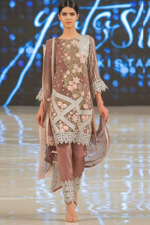 Brown Straight Pant Suit With Resham Work