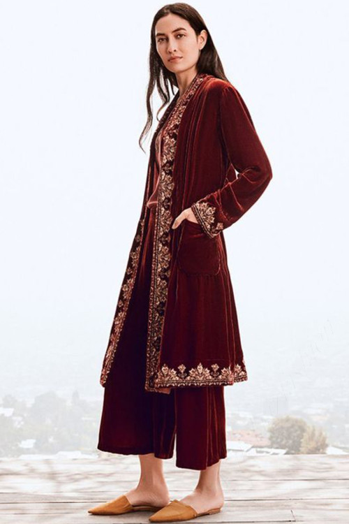 Brown Velvet Trouser Suit With Embroidered Jacket