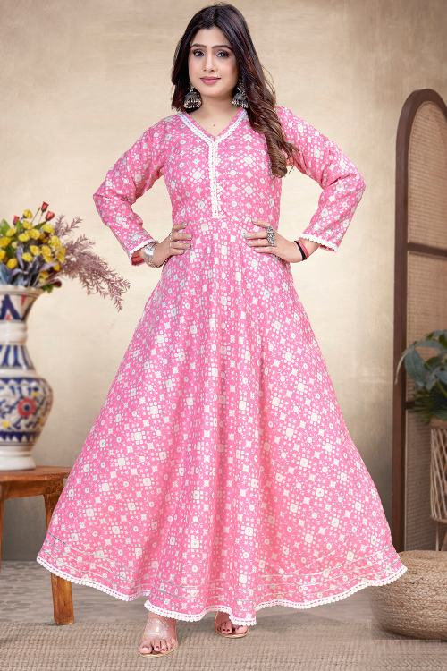 Bubble Gum Pink Cotton Anarkali Style Ready to Wear Printed Kurti