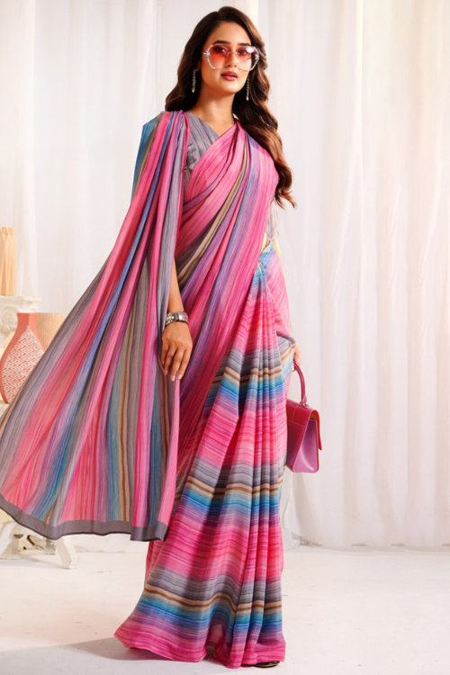 Bubble Gum Pink Crepe Saree With Printed Work For Casual Wear