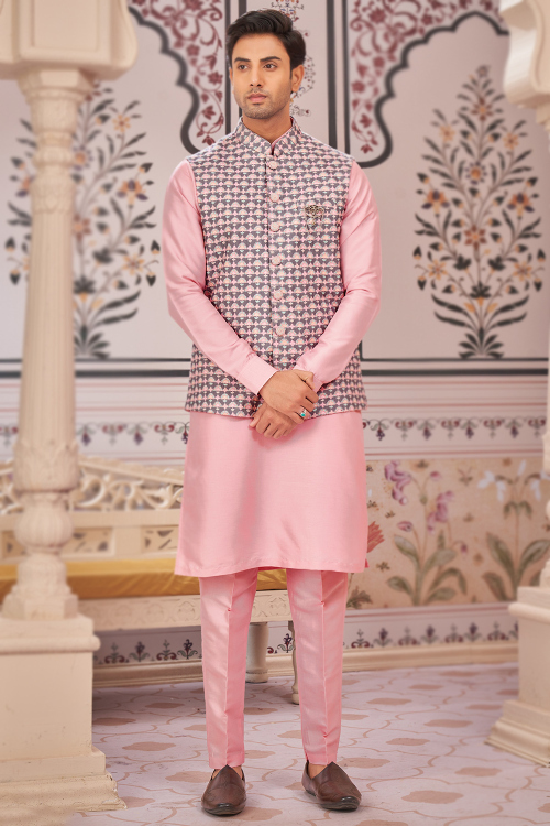 Bubble Gum Pink Jacket Style Silk Plain Men's Kurta With Trouser Pants