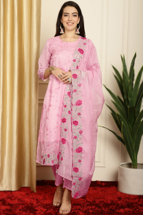 Bubble Gum Pink Organza Embroidered Straight Cut Suit 