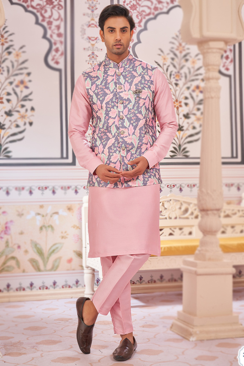 Bubble Gum Silk Men's Kurta Pajama With Embroidered Jacket 