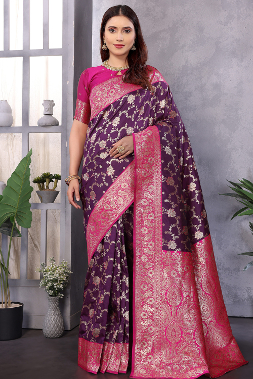 Burgundy Maroon Art Silk Broad Border Saree With Weaved Work