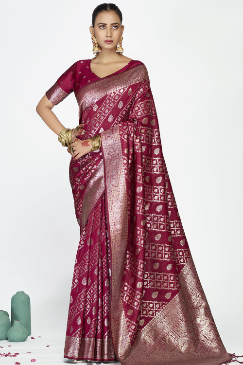 Burgundy Maroon Art Silk Broad Border Saree With Woven Zari Work