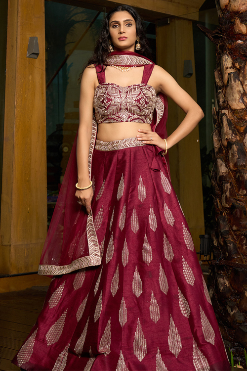 Burgundy Maroon Art Silk Embroidered A Line Lehenga 