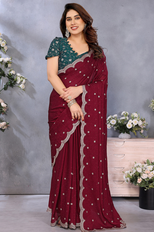Burgundy Maroon Art Silk Saree With Zari Work For Festival 