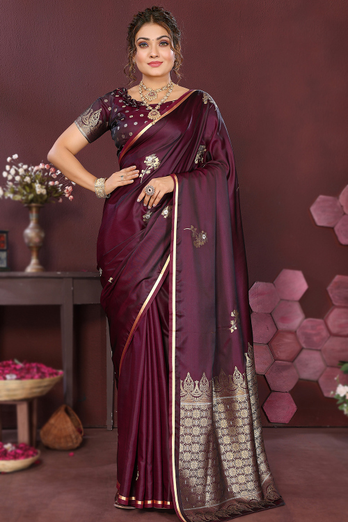 Burgundy Maroon Art Silk Woven Zari Broad Border Saree 
