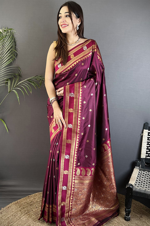 Burgundy Maroon Broad Border Soft Silk Saree With Weaved Work