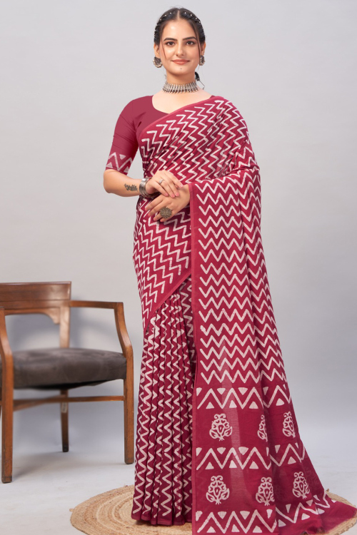 Burgundy Maroon Chanderi Cotton Saree with Printed Blouse