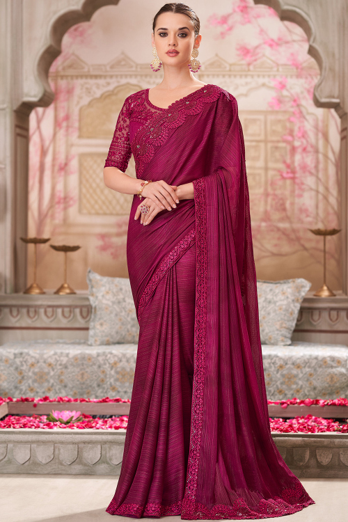 Burgundy Maroon Chiffon Embroidered Fancy Saree