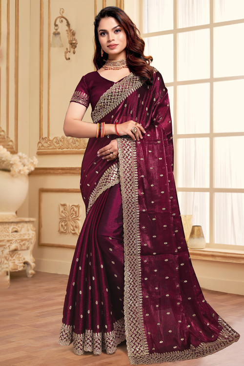 Burgundy Maroon Chiffon Shimmer Saree With Zari Work For Festival