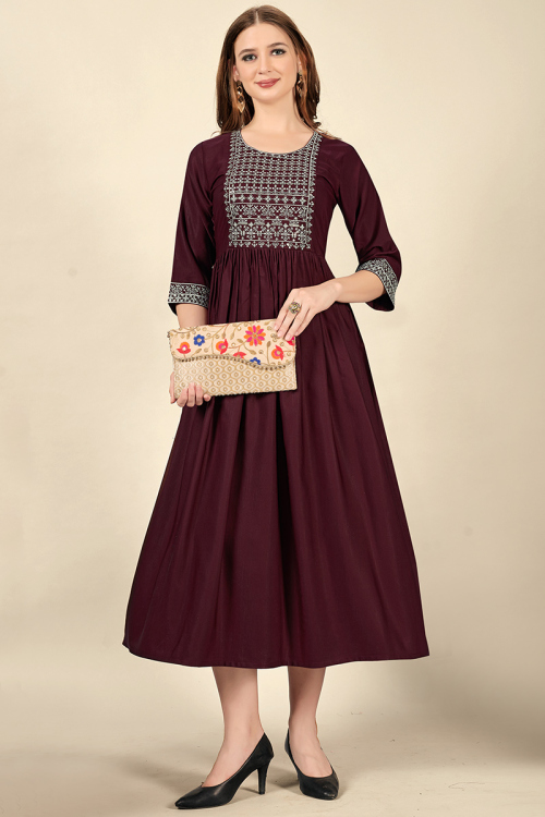 Burgundy Maroon Cotton Rayon Calf Length Kurti