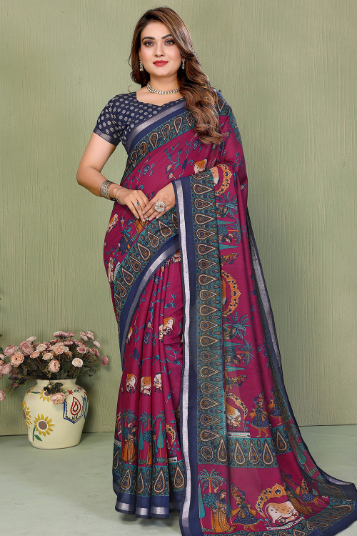 Burgundy Maroon Cotton Saree With Printed Work for Festival