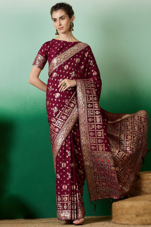 Burgundy Maroon Cotton Silk Woven Zari Broad Border Saree