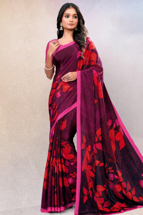 Burgundy Maroon Crepe Printed Floral Saree 