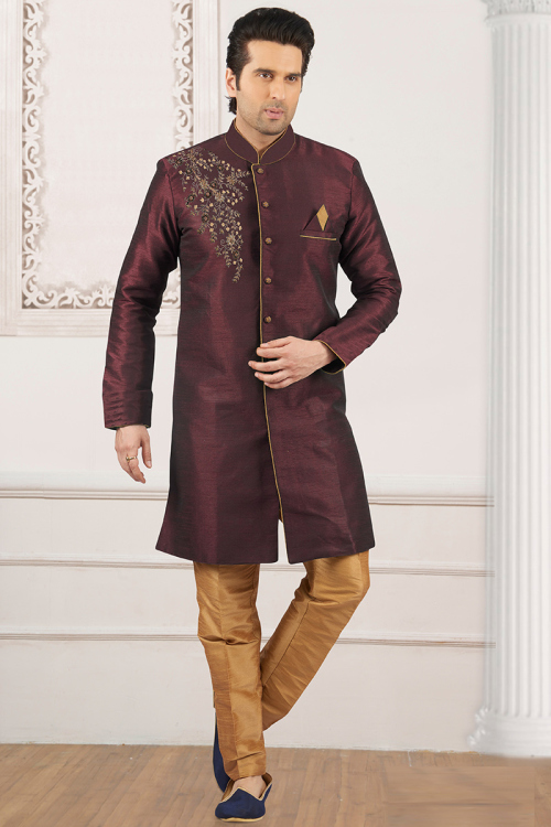 Burgundy Maroon Dupion Silk Zari Emboidered Men's Sherwani