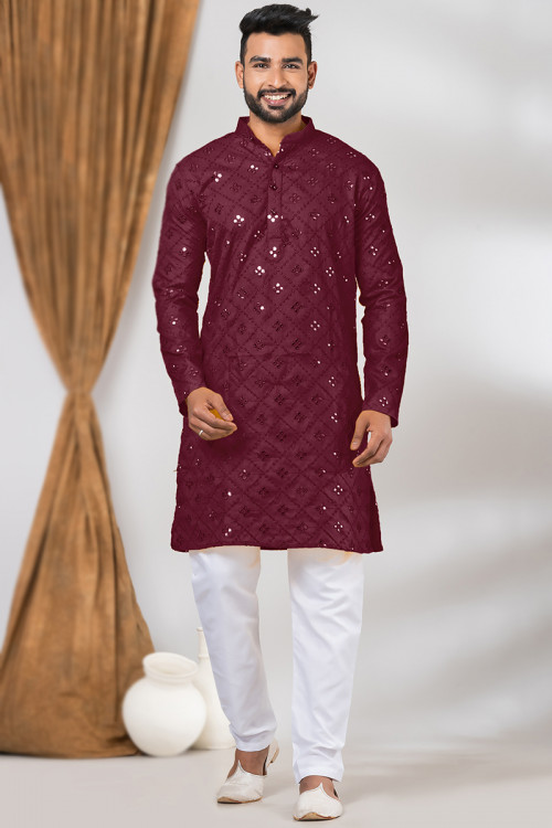 Burgundy Maroon Embroidered Cotton Men's Kurta Pajama For Sangeet 