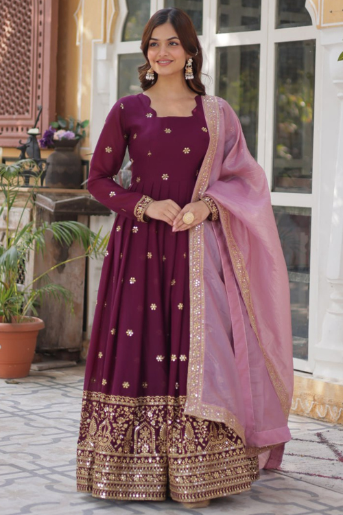 Burgundy Maroon Georgette Anarkali Suit With Zari Work
