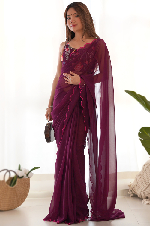 Designer Burgundy Georgette Saree with Resham Thread Detailing