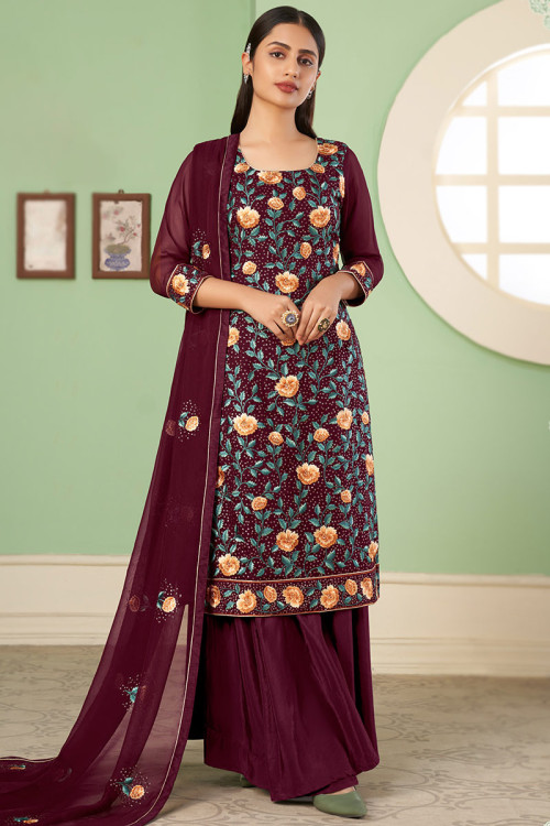 Maroon Velvet Embroidered Palazzo Suit | Clothes collection, Indian wedding  lehenga, Palazzo suit