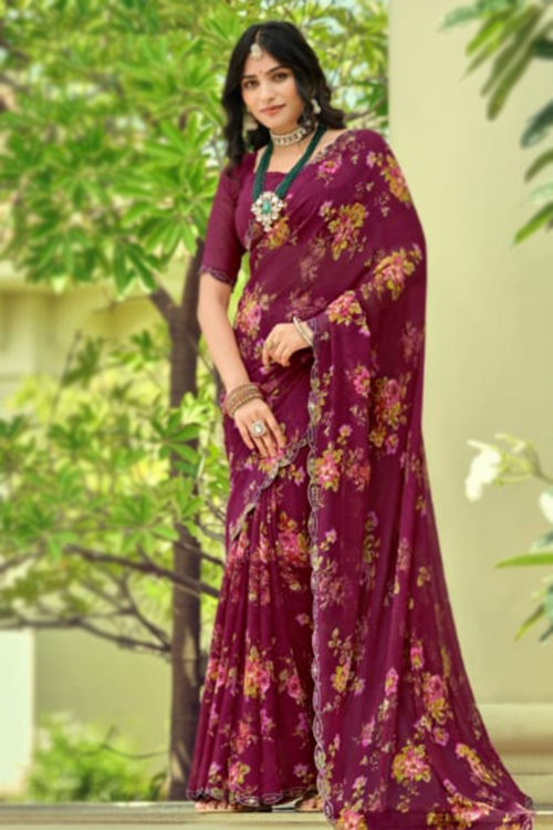 Burgundy Maroon Georgette Saree With Printed Work For Festival