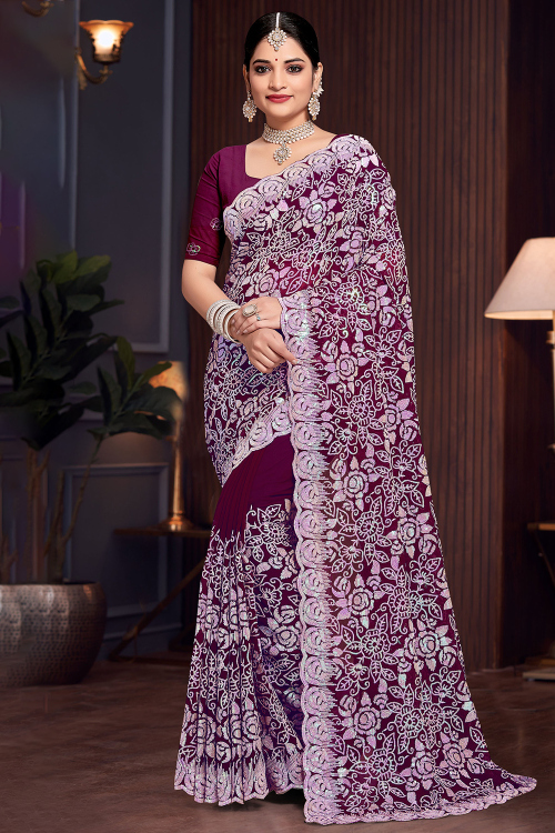 Burgundy Maroon Georgette Sequins Embroidered Light Weight Saree