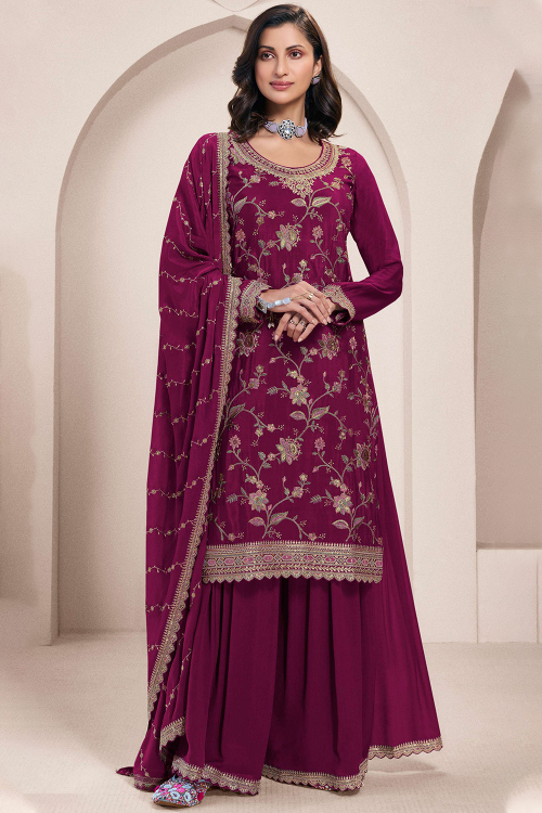 Burgundy Maroon Georgette Sharara Suit with Sequins for Diwali