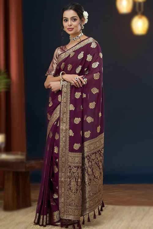 Burgundy Maroon Georgette Woven Zari Broad Border Saree