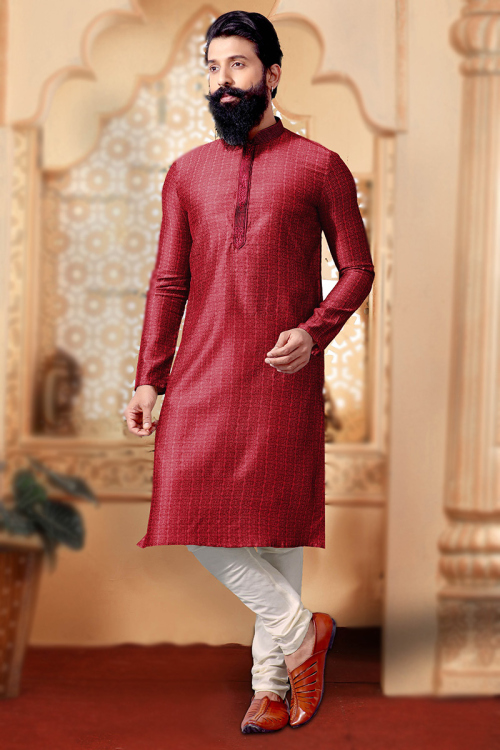 Burgundy Maroon Jacquard Weaved Thread Men's Kurta Churidar