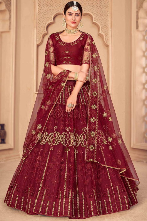 Lehenga in Burgundy Maroon Net for Party Wear with Beads Work