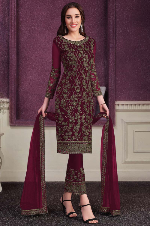 maroon georgette embroidered semi stiched party wear anarkali salwar suit -  RJ Fashion