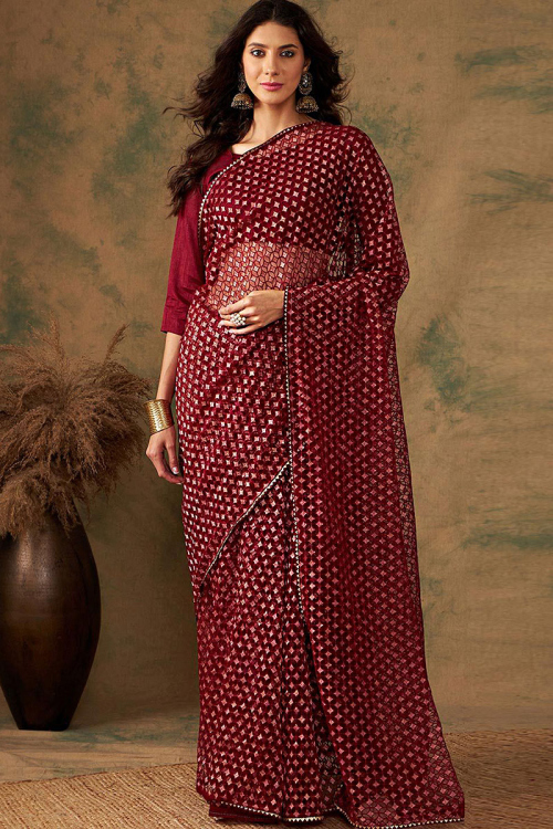 Burgundy Maroon Net Weaved Sangeet Saree