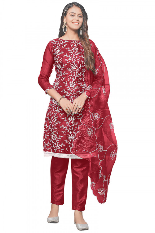 Burgundy Maroon Organza Embroidered Straight Cut Suit
