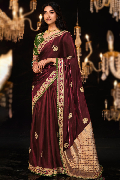 Burgundy Maroon Organza Embroidered Wedding Wear Saree 