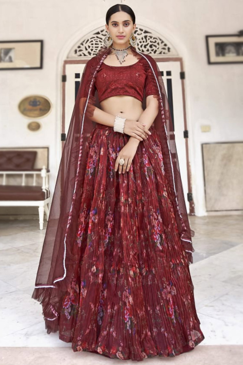 Burgundy Maroon Organza Printed Lehenga