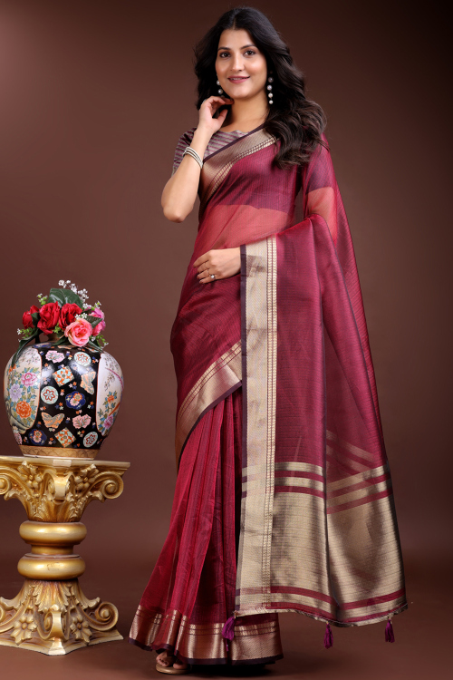 Burgundy Maroon Organza Woven Zari Regional Saree