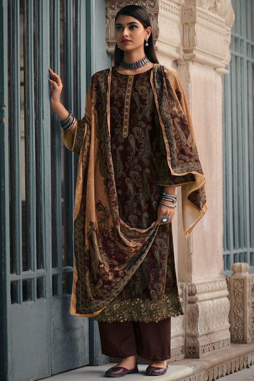 Burgundy Maroon Paisley Print Crepe Casual Wear Palazzo Suit