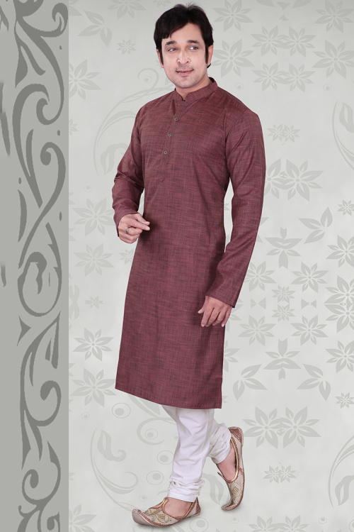 Burgundy Maroon Plain Poly Cotton Straight Cut Men's Kurta Churidar