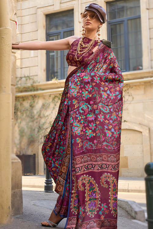 Burgundy Maroon Printed Satin Light Weight Saree