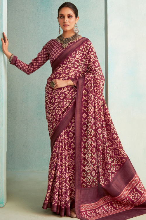Burgundy Maroon Printed Silk Light Weight Saree