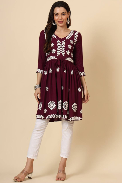 Burgundy Maroon Rayon Embroidered Ready Made Frock Style Kurti